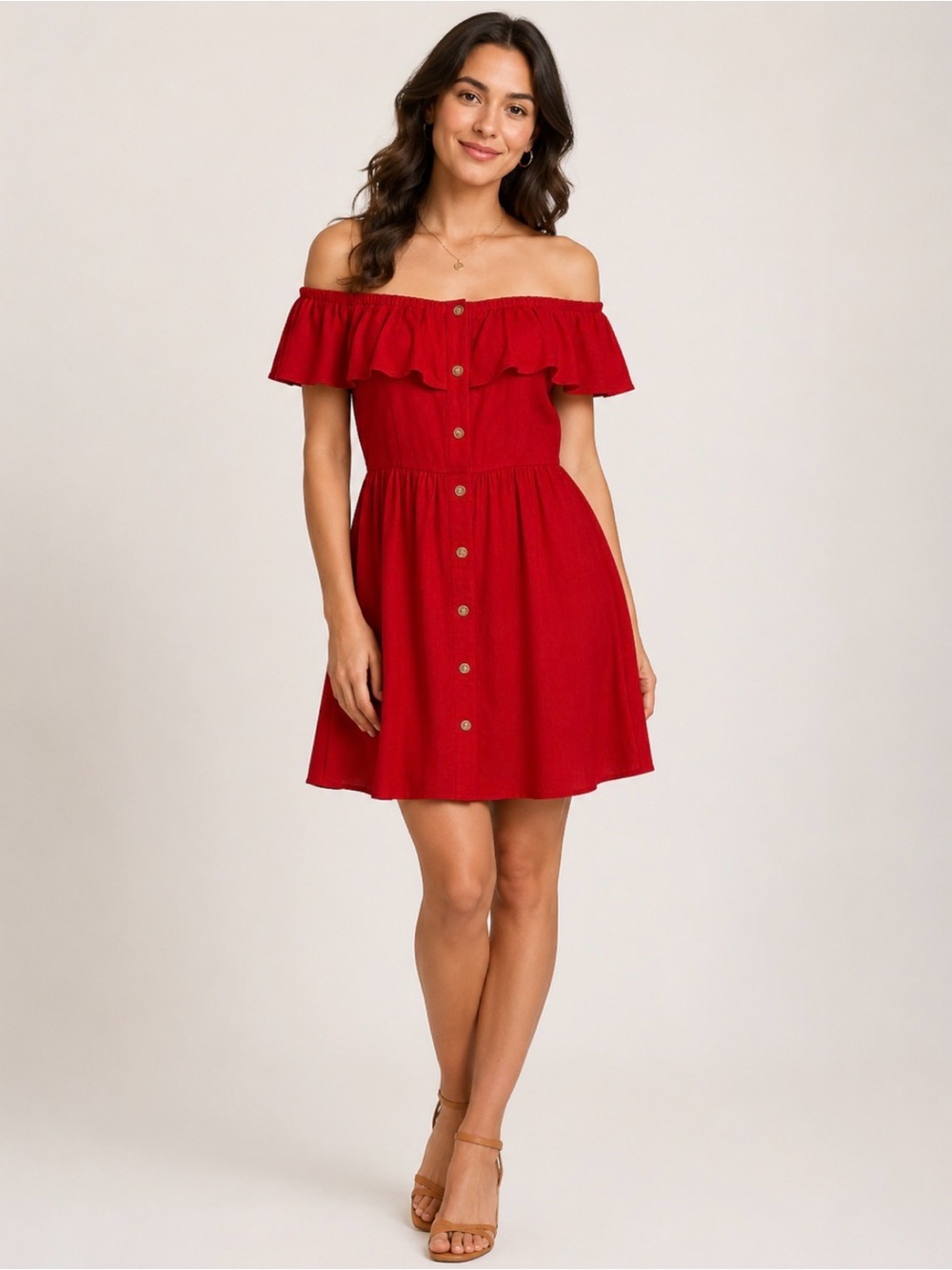 Gianni Bini Mini Dress Med Red Linen Off The Shoulder Fit & Flare Tomato Girl